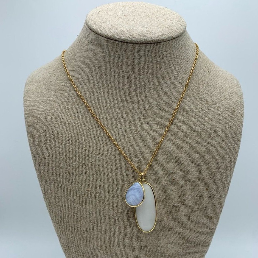 Stella & Dot - Blue Lace Agate and White Bezel Stone Pendant Necklace